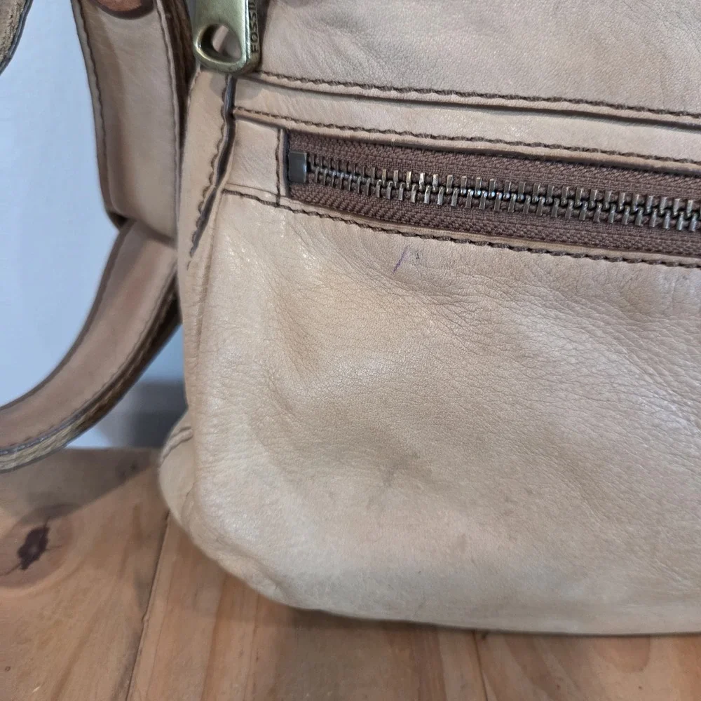 Fossil Tan Leather Crossbody Shoulder Bag Canvas Strap Key Charm Mul